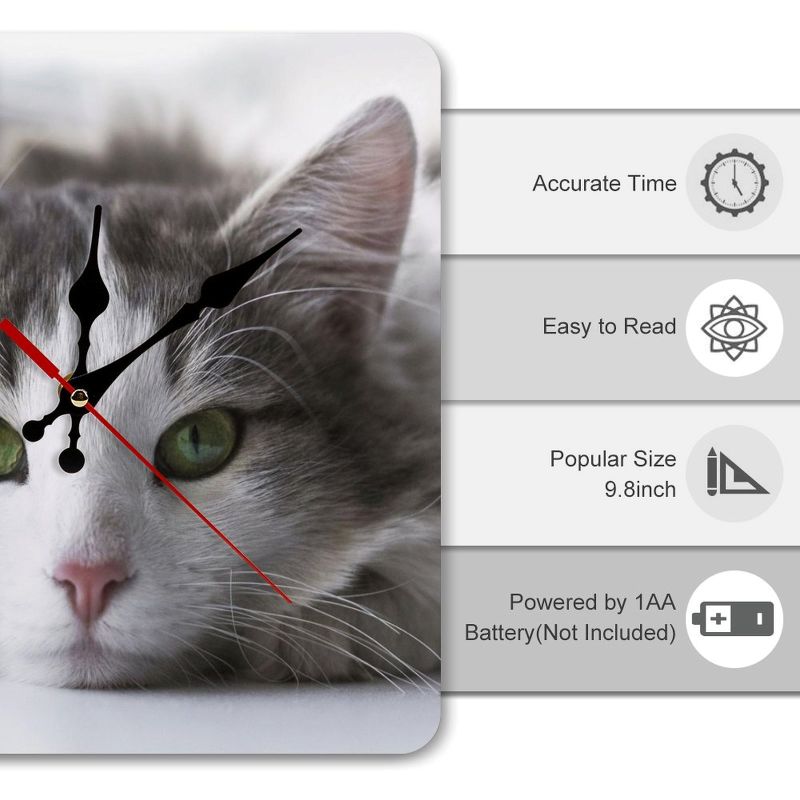 Cat-themed clock with features listed on a gray background