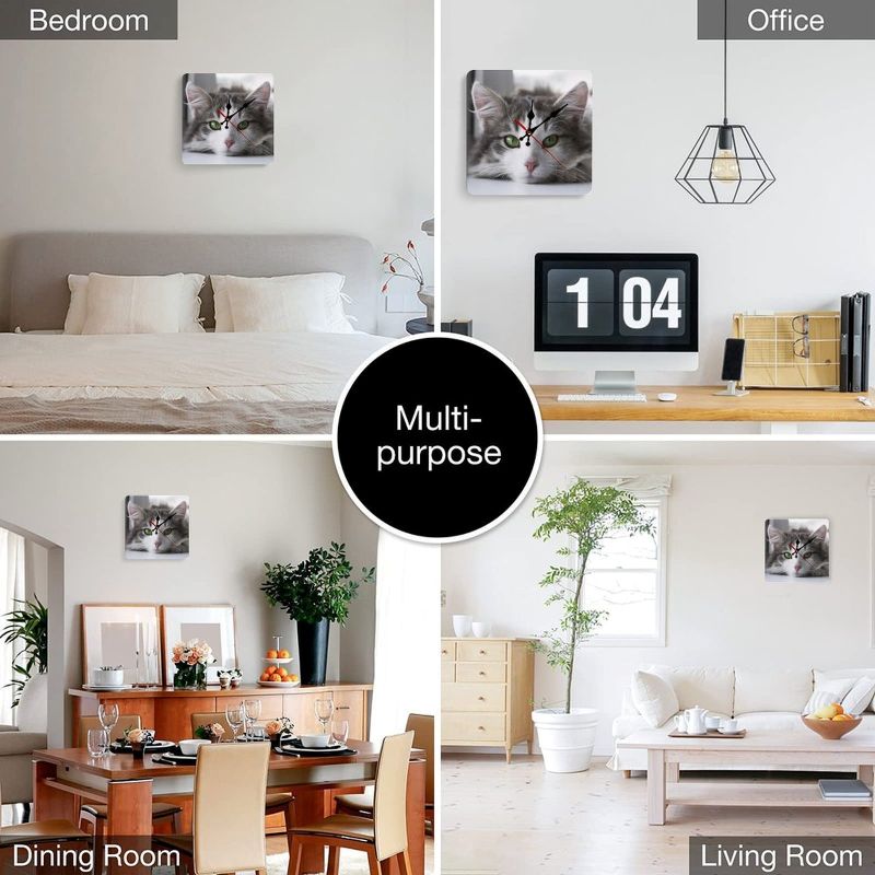 Collage of a clock with cat design in various rooms including bedroom, office, dining room, and living room.