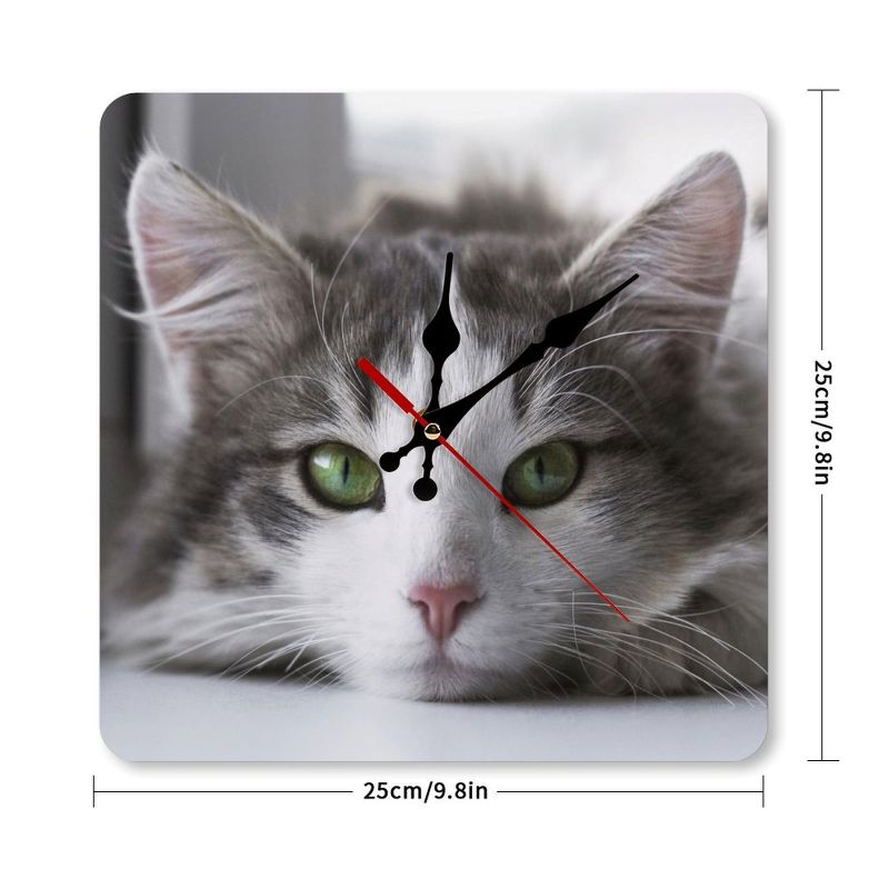 Wall clock with a cat design and dimensions indicated