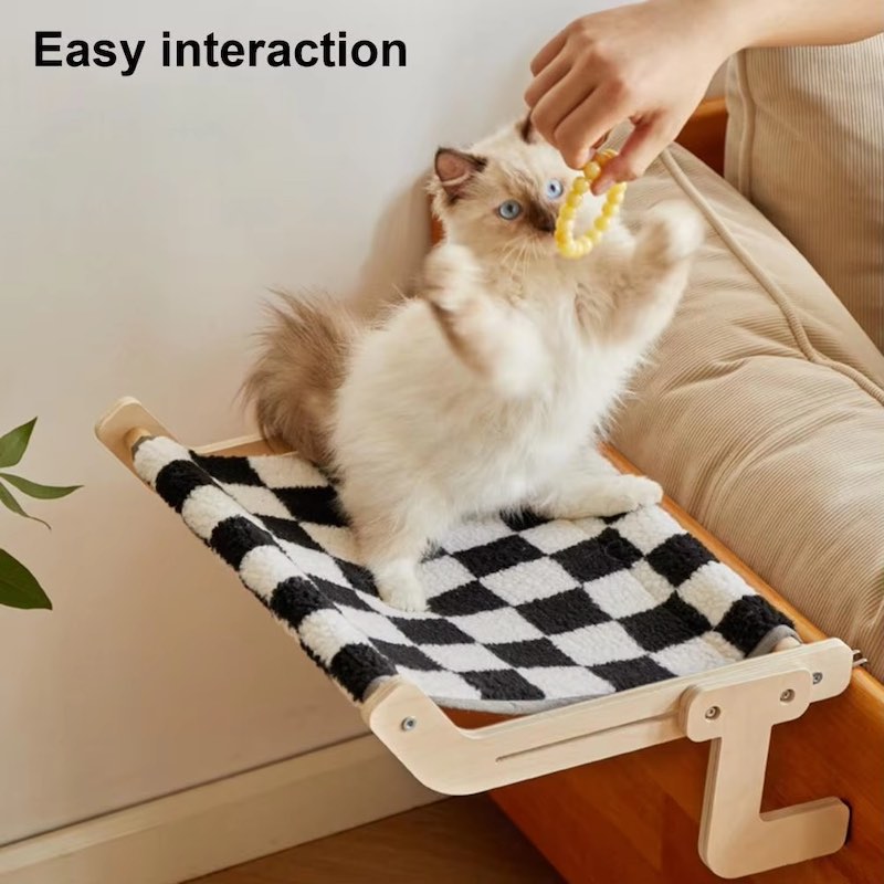 A fluffy Siamese cat in a checkered hammock reaching to play with a toy held by a person.