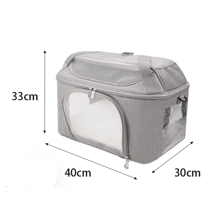 A gray zippered cat carrier bag with a clear front window, shown with dimension labels indicating 33cm height, 40cm width, and 30cm depth on a white background.